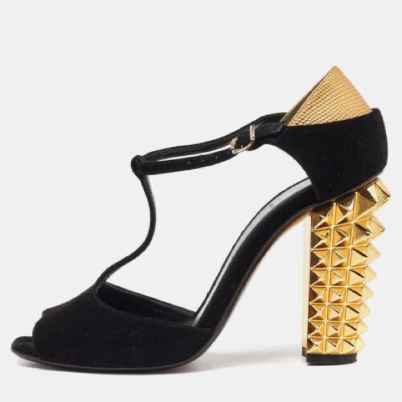 Fendi Black T-Strap Heels with Gold Studded Heel - Picture 3 of 12